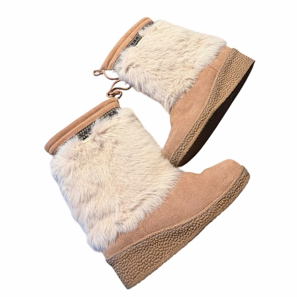 BEARPAW Genuine Sheepskin Suede Rabbit Fur-Trimmed Wedge Boots Women’s 8 - Picture 10 of 11